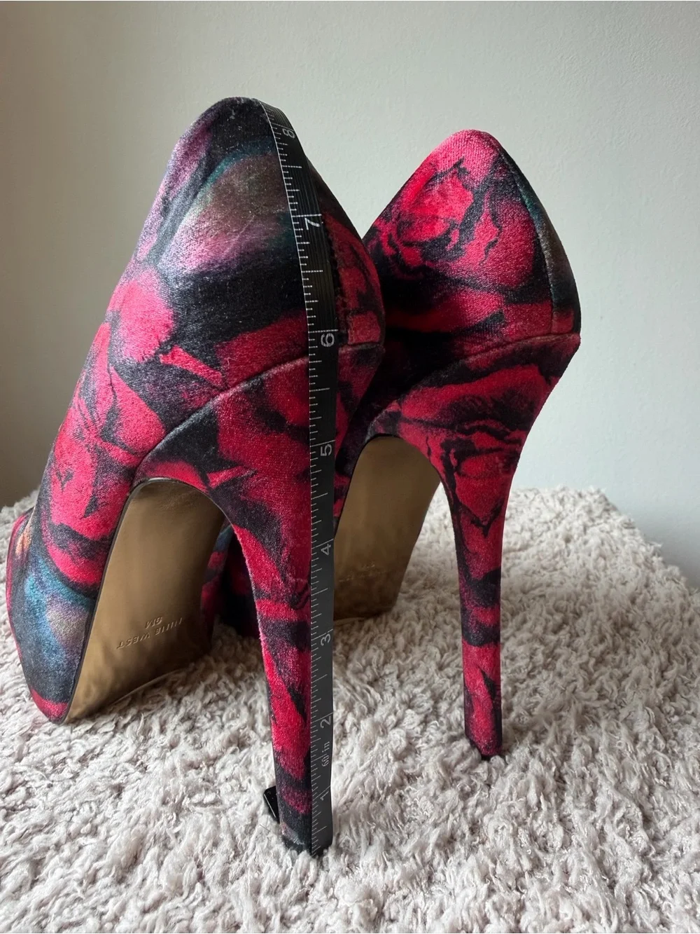 Nine West Red and Black Floral Velvet Peep-Toe Platform Pumps